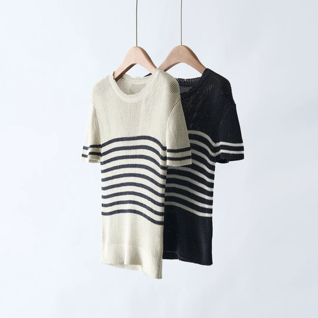 【YS11422】2025夏季新品和纸纱镂空透气圆领短袖条纹针织衫女
