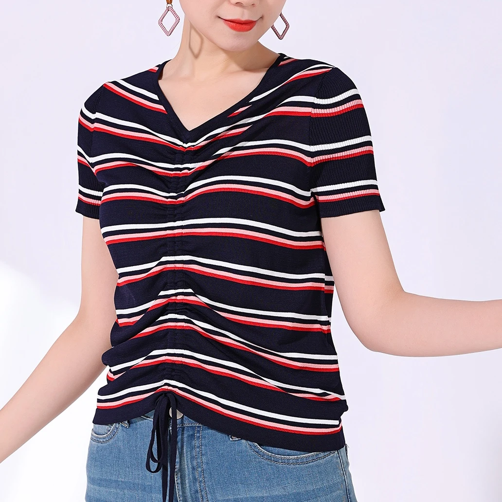 761607 A货靓丽V领抽绳条纹上衣