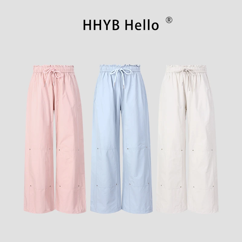 HHYB Hello2025夏季新款百搭高腰松紧腰阔腿工装休闲长裤Q254193