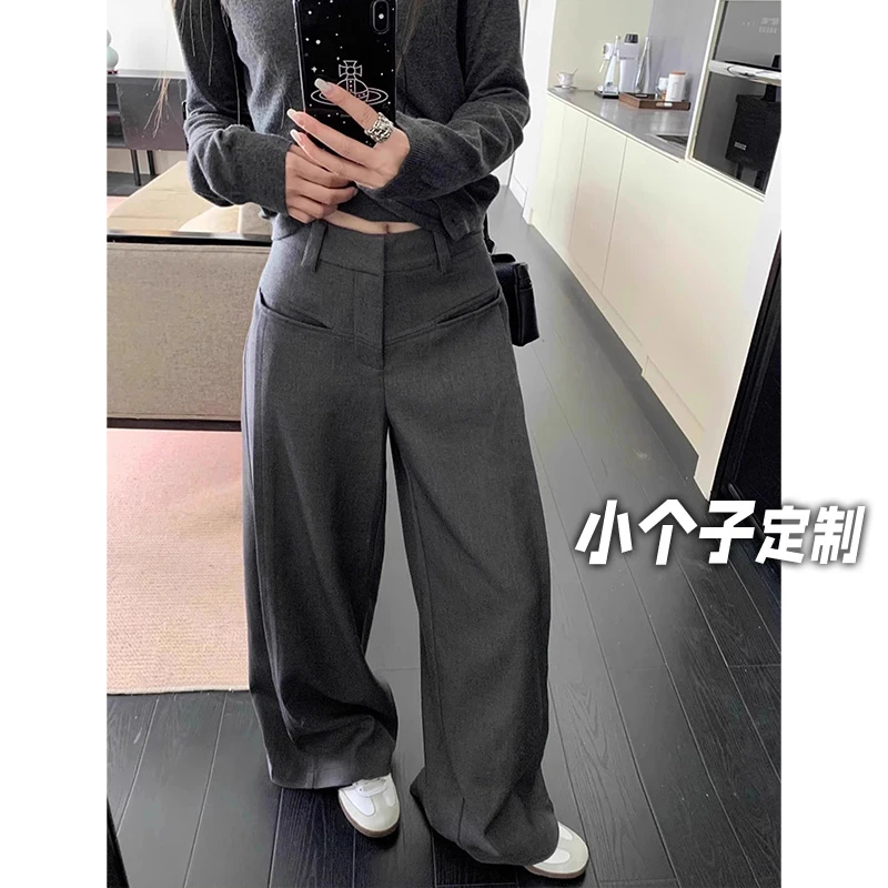 150小矮个子高级感美式西装裤女秋高腰宽松直筒裤休闲阔腿拖地裤