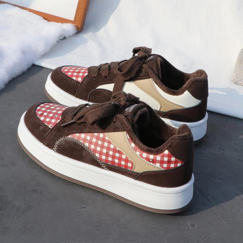 2025秋冬格子拼接厚底板鞋女加绒保暖休闲系带面包鞋运动二棉鞋潮