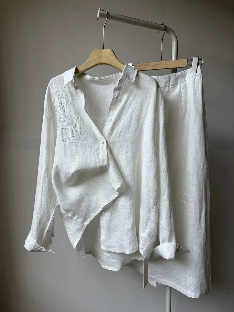 100亚麻显瘦极简风宽松衬衫A字半身裙百搭气质时尚套装