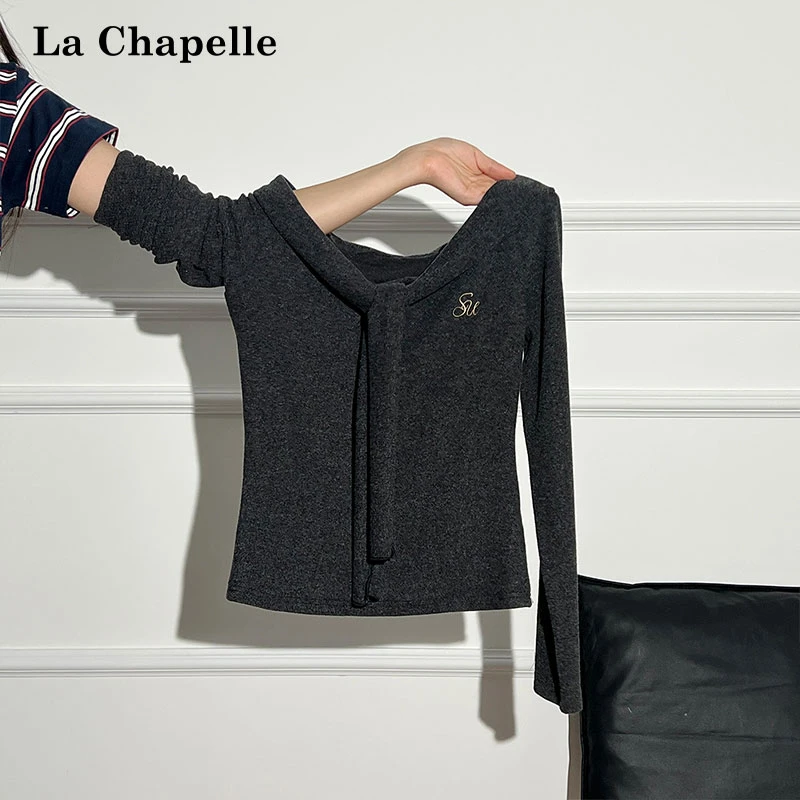 拉夏贝尔辣妹风海军领披肩长袖磨毛加绒T恤秋季打底衫内搭上衣女