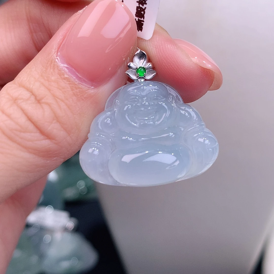 颈饰18K金镶嵌翡翠天空蓝佛公