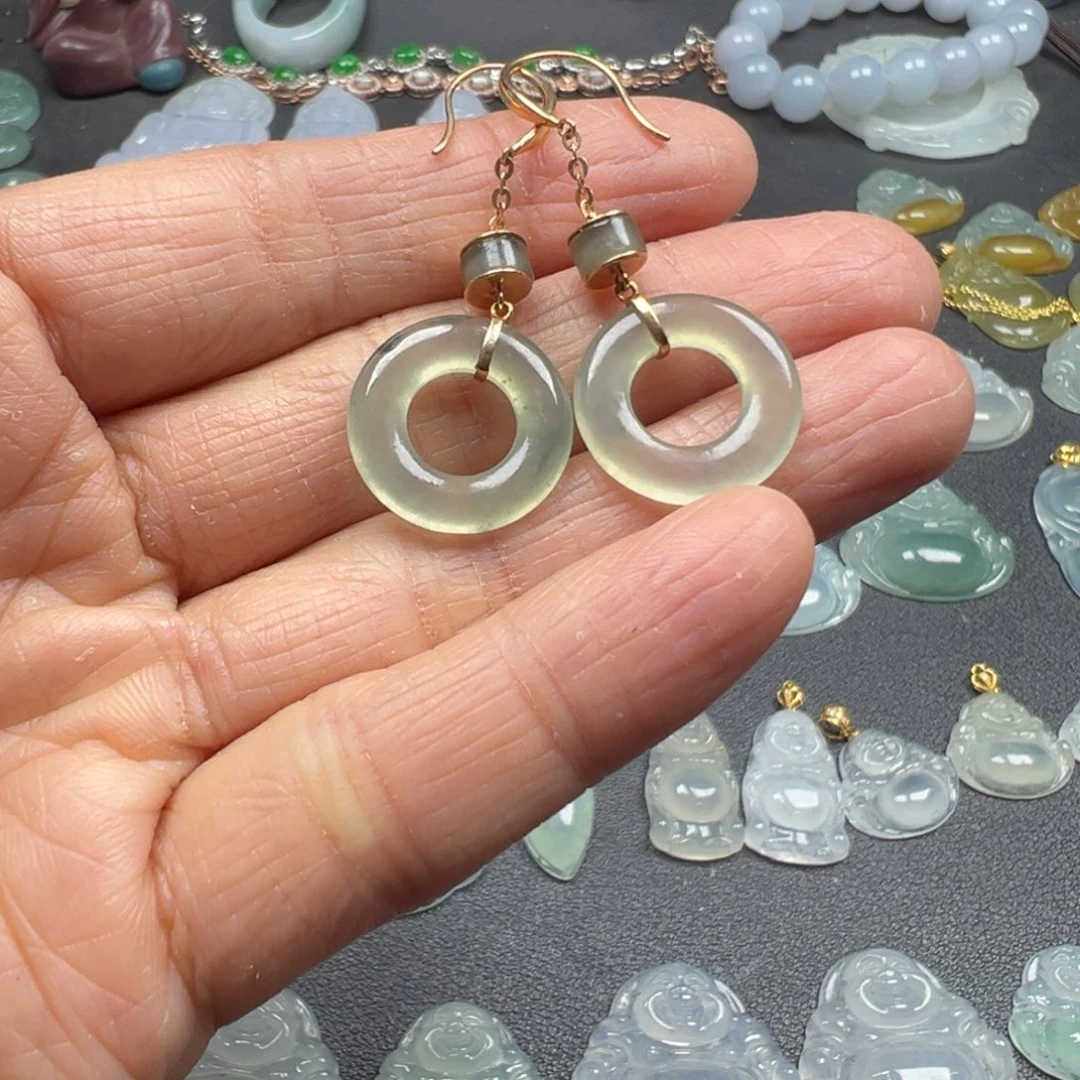 翡翠18K金镶嵌耳饰耳钩