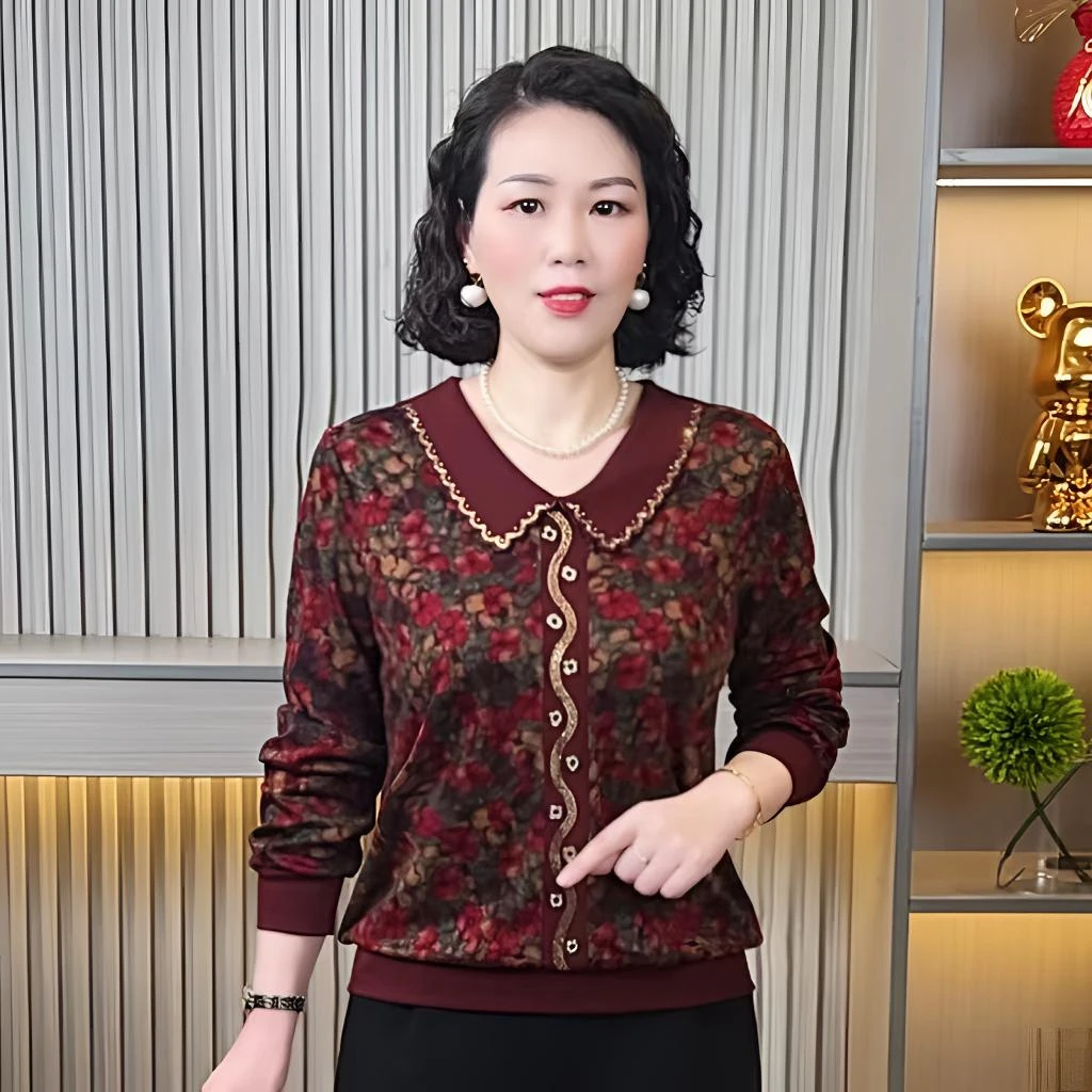 中老年女装 妈妈装秋季新款上衣时尚洋气翻领长袖打底衫大码显瘦