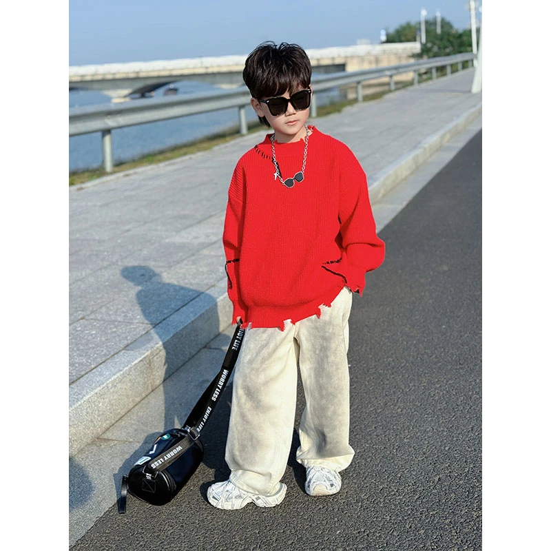 男童帅气韩版宽松破洞毛边针织衫撞色圆领套头长袖保暖毛衣冬季