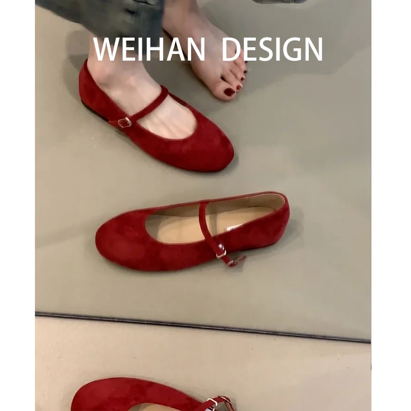 羊皮版！复古平底红色单鞋女一字带芭蕾舞鞋圆头浅口奶奶鞋玛丽珍
