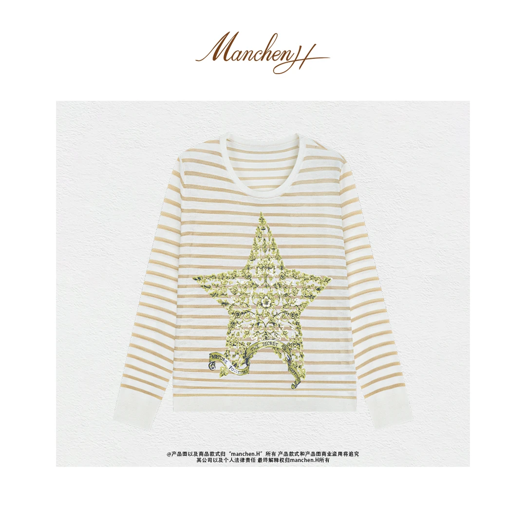 曼辰manchenh"追逐自由"客订进口亚麻金葱纱印花针织上衣