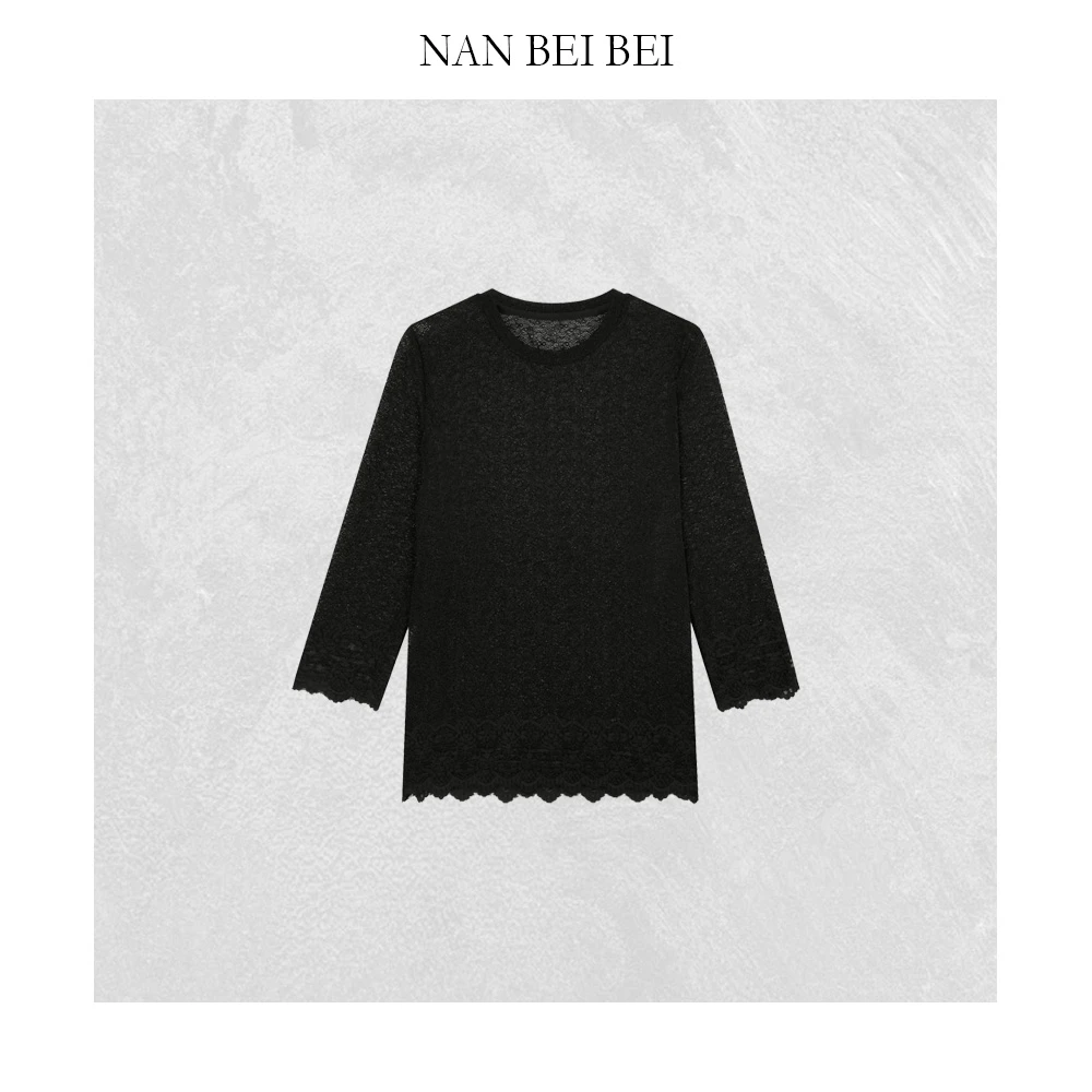 【南北贝】‘花边蕾丝T’设计感镂空拼接蕾丝下摆九分袖上衣2013