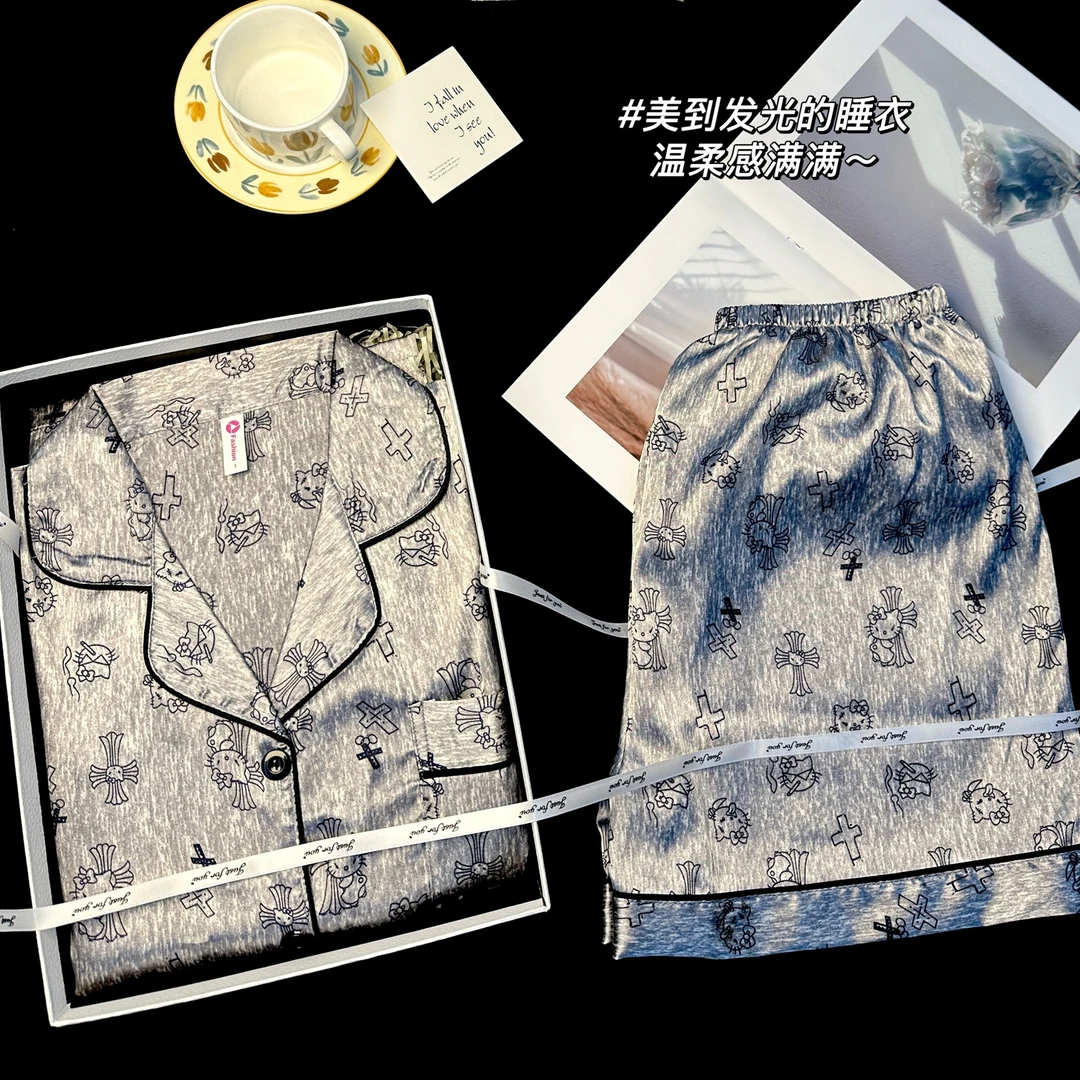 高级感KT猫2025新款冰丝睡衣女夏季短袖星空灰两件套家居服