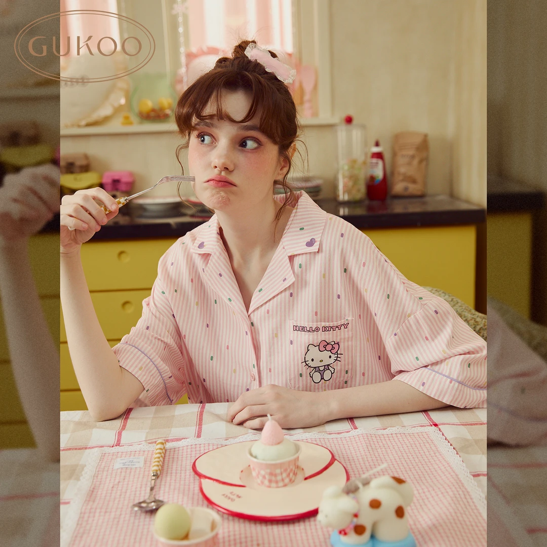 Gukoo/果壳HelloKitty波点家居服套装夏季甜美粉色欧若风薄款
