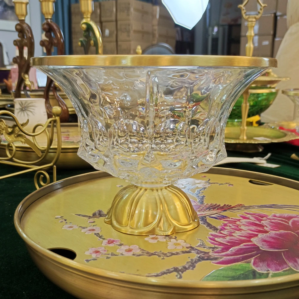 全铜包水晶玻璃糖果全铜底座玻璃碗水果零食家用果盘