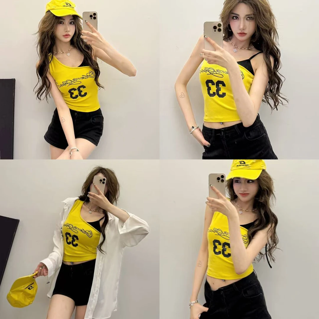 （浠儿家）辣妹背心设计感撞色字母印花无袖吊带不对称显瘦上衣