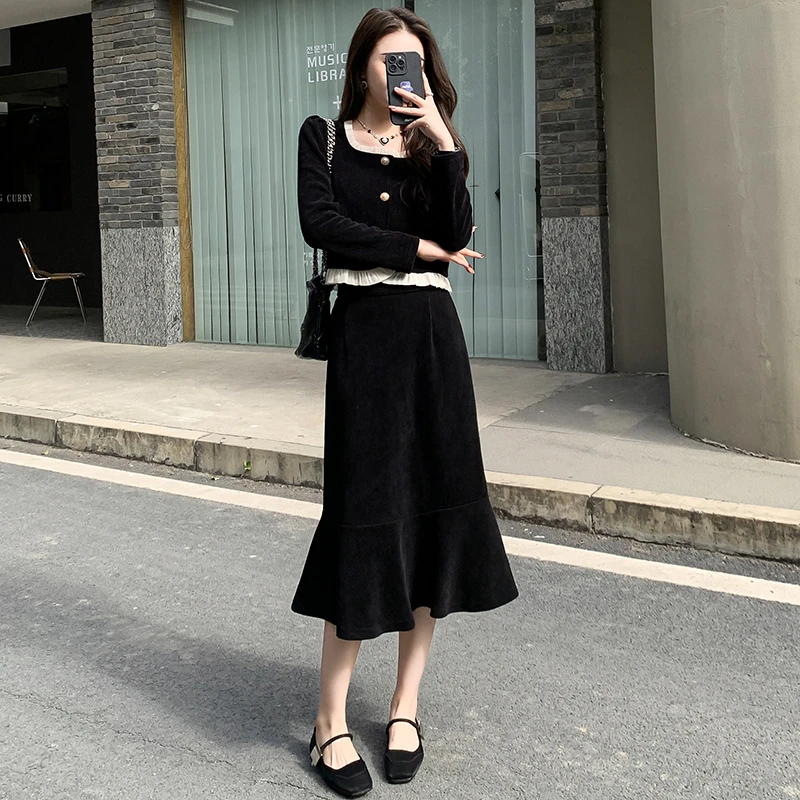 2025秋女新款 赫本风黑色气质高腰显瘦鱼尾裙小个子Y623