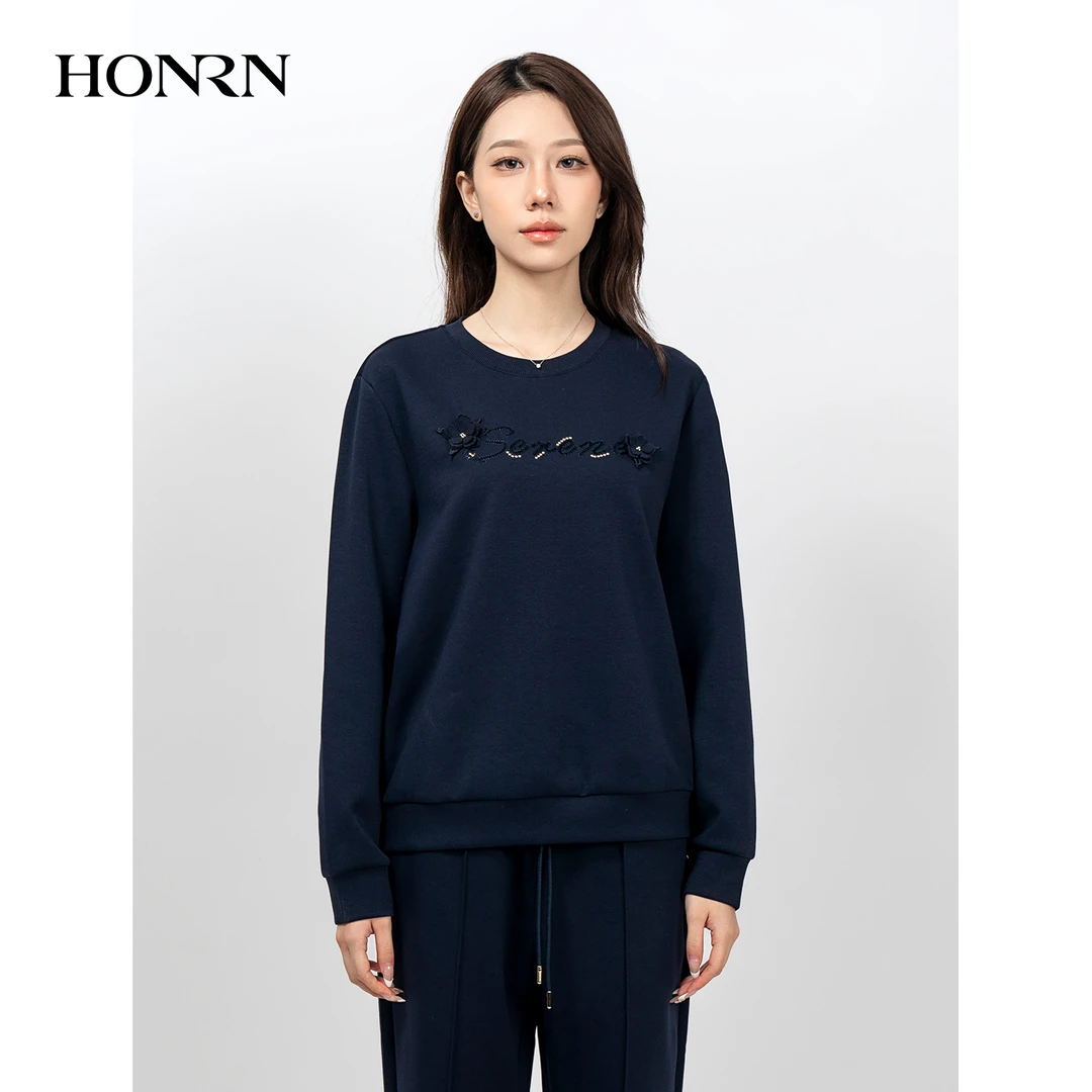 HONRN/红人宽松显瘦蓝色长袖圆领套头卫衣上衣女春秋款HK39SY030