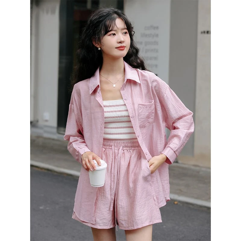 韩版长袖衬衫条纹吊带背心短裤三件套女2025年夏季小众洋气套装潮