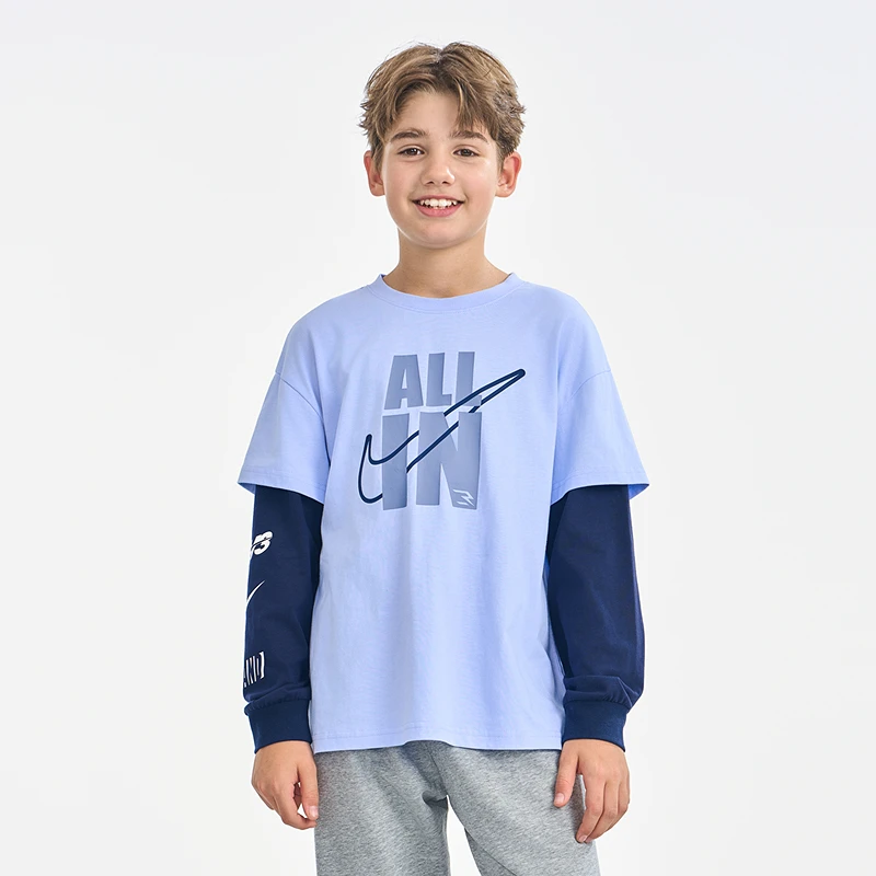 NIKE 3BRAND耐克儿童男女童装大童圆领春款假两件纯棉长袖T恤1228