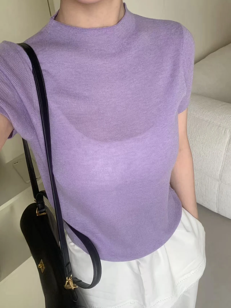 亲肤美丽诺羊毛衫短袖半高领薄款显瘦针织上衣9470