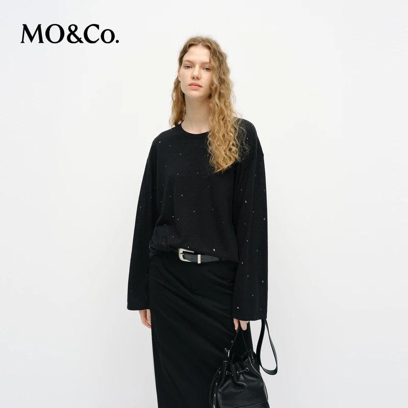 MOCO针织衫2025春新品含棉亚麻宽松烫钻圆领薄款上衣MBE1SWTT06