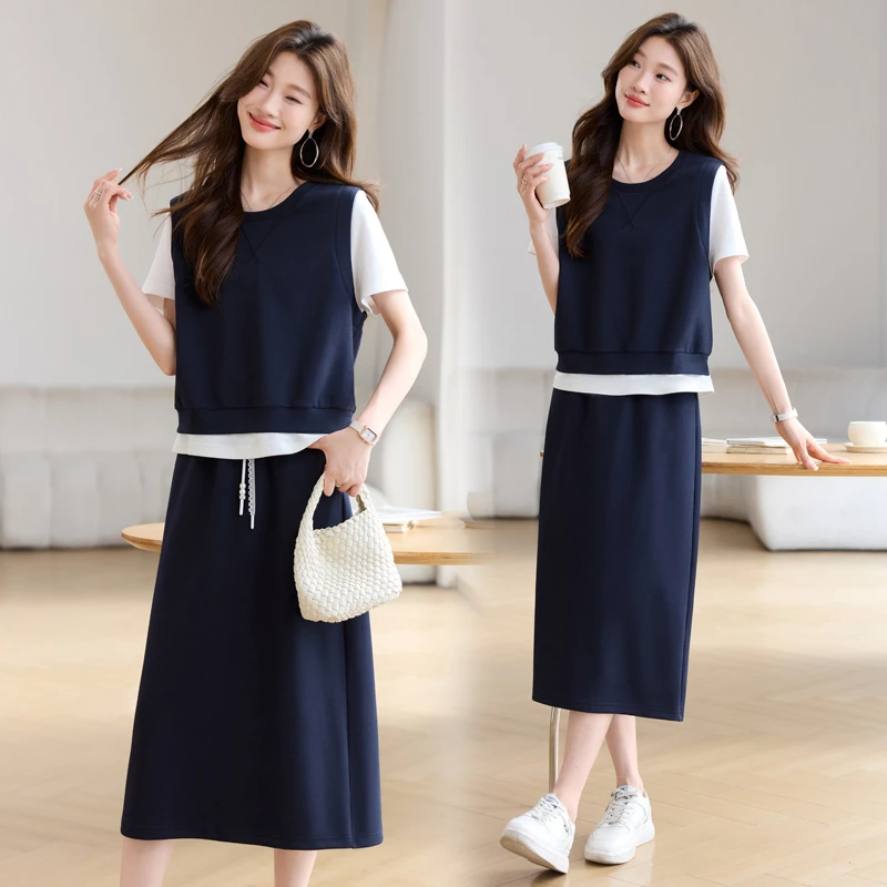 时尚套装女2025年夏季新款宽松大码洋气减龄假两件马甲半身裙套装