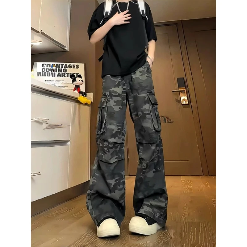 cleanfit迷彩裤子高街美式复古伞兵工装裤男款水洗牛仔褶皱弯刀裤