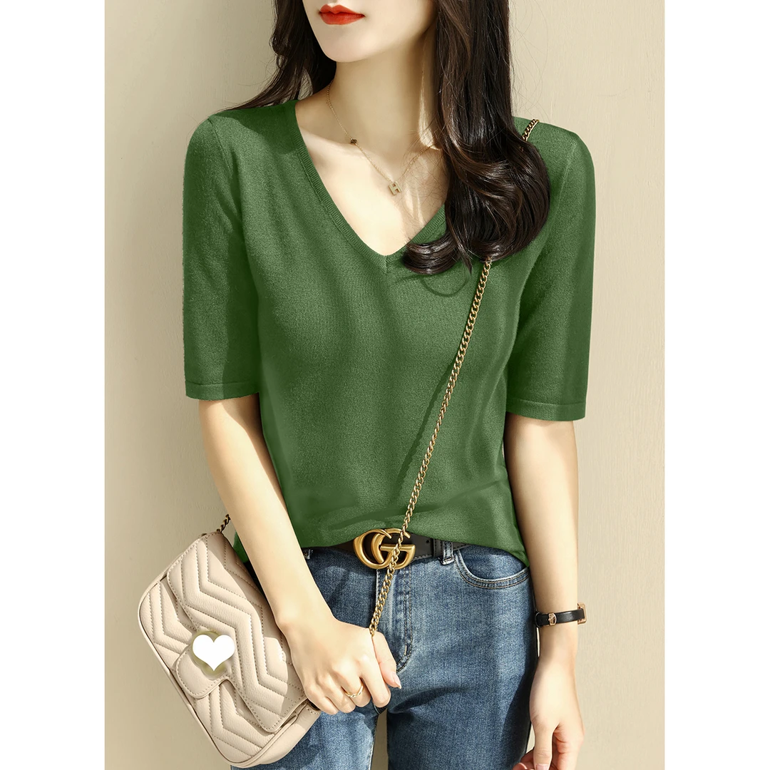 薄款五分袖显瘦套头针织打底衫高级感夏季v领气质宽松上衣女装