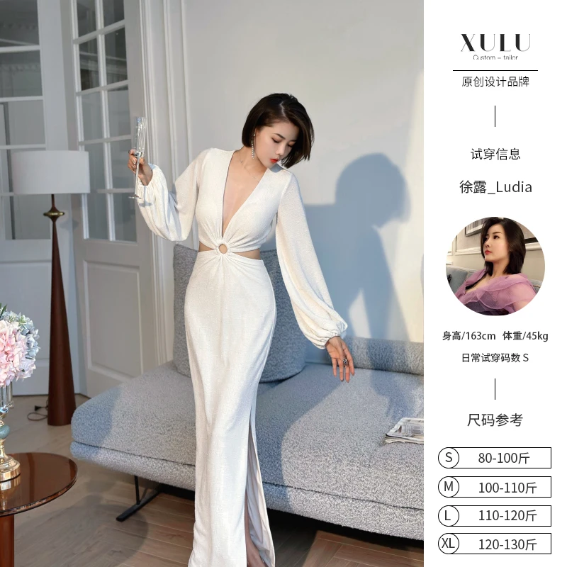 XULU原创春夏针织醋酸提花性感露腰包臀裙轻熟镂空修身V领连衣裙