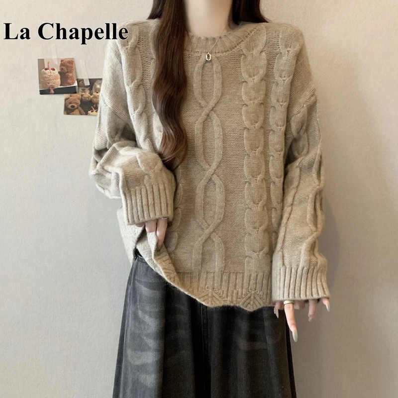 拉夏贝尔宽松慵懒软糯麻花针织衫女秋冬大码胖mm显瘦内搭套头毛衣