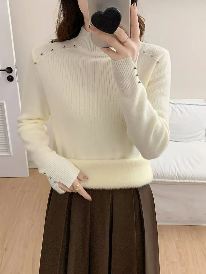 优雅知性一体绒毛衣女圆领加绒加厚套头打底衫-肩膀扣