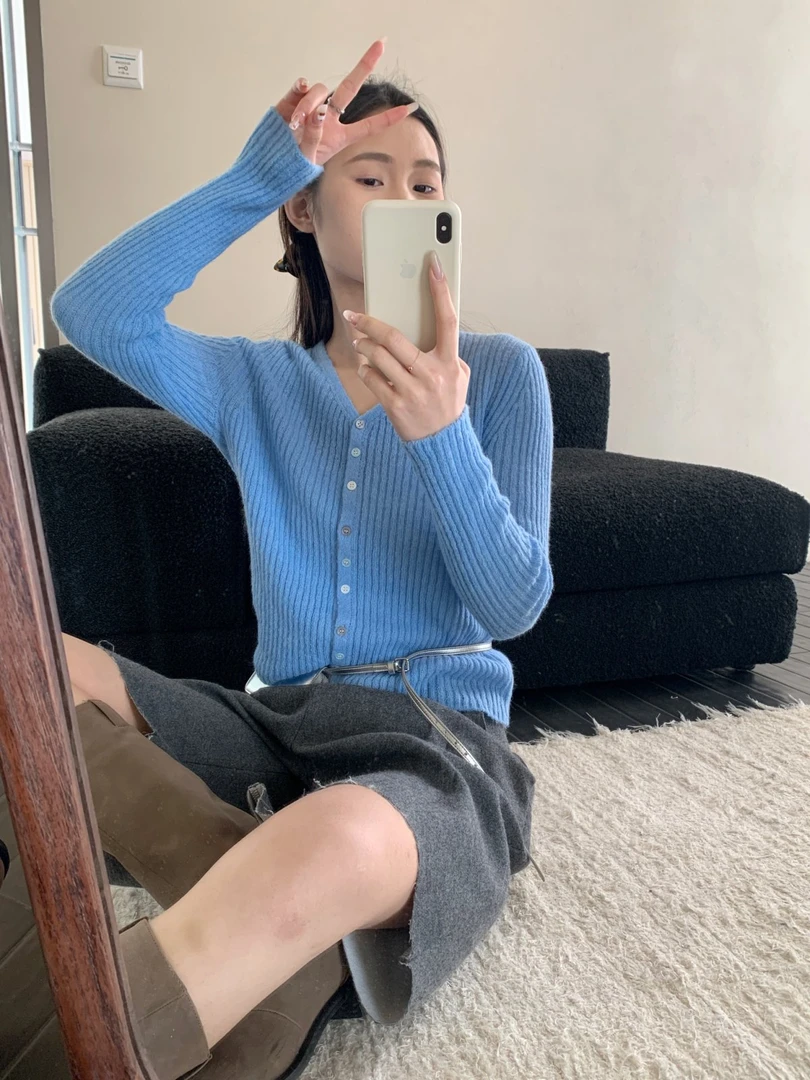 【素简.960167】春款上新丝光马海毛坑条气质开衫绵羊毛混纺针织衫