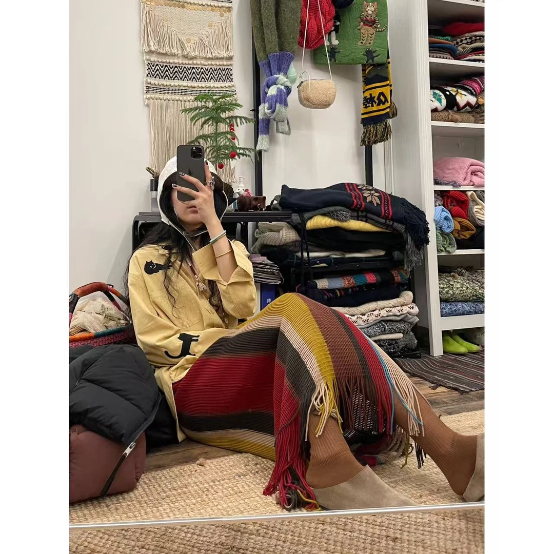 重工小众针织流苏半裙！特种机多色拼接包臀条纹弹力毛线半身裙