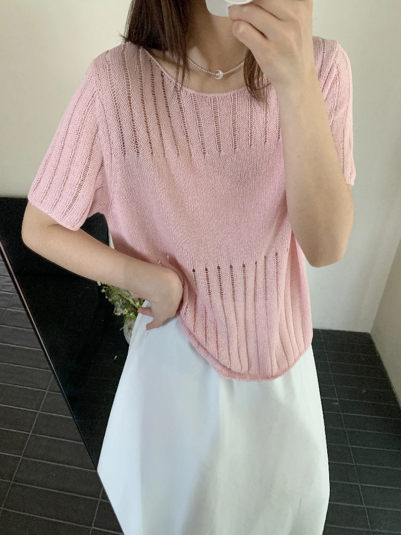 【潘潘.688873】天爽亚麻2025夏季新款纯色圆领短袖镂空针织衫