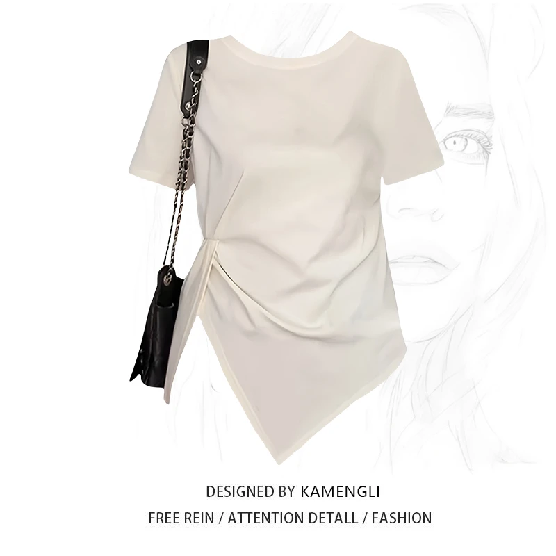 微胖MM不规则遮肚正肩短袖t恤女大码夏季新款时尚显瘦设计感上衣