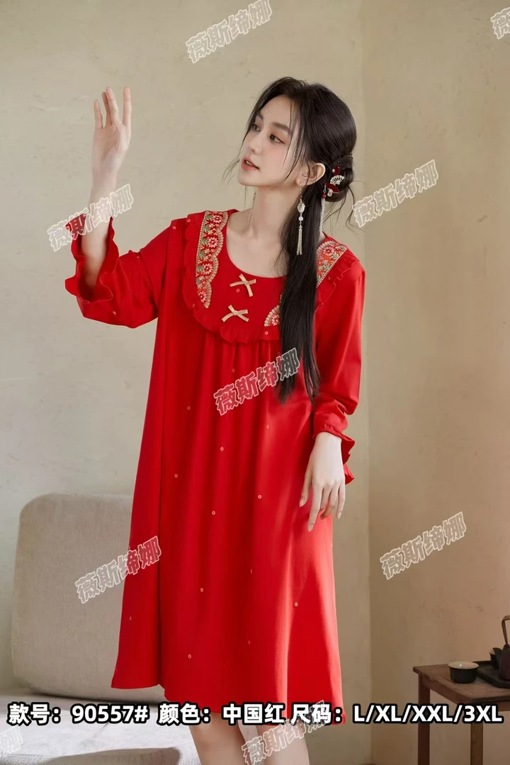 新中式古风本命年女士红色睡裙棉刺绣金豆富贵送人新年家居服睡衣