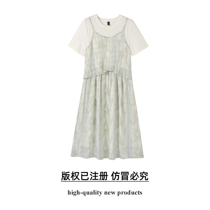 奢姿大码女装2025夏季时尚拼接短袖连衣裙胖妹妹气质假两件裙子