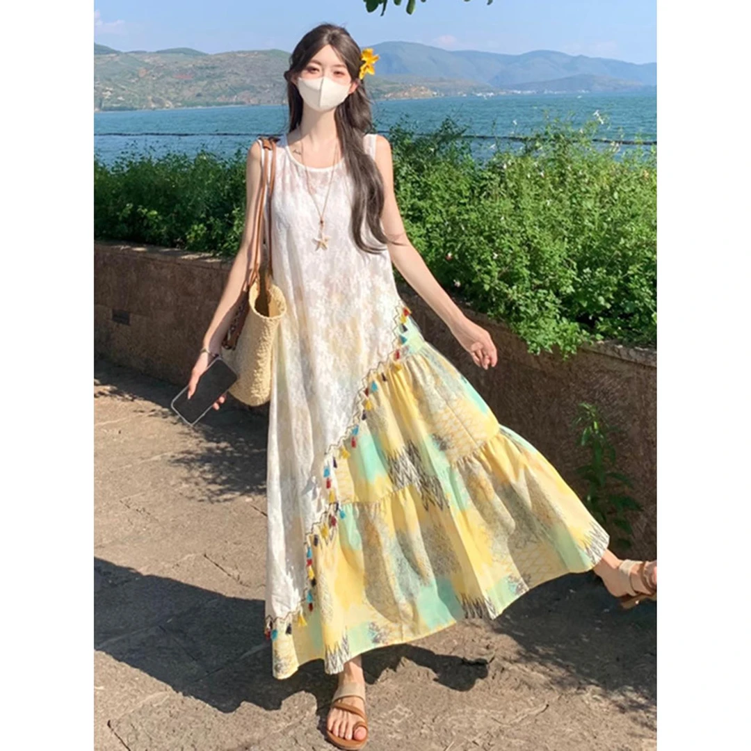 波西米亚不规则吊带连衣裙女夏民族风多巴胺明媚海边度假长裙套装