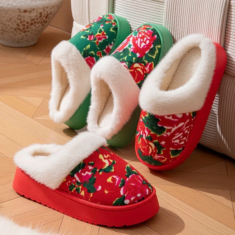 厚底东北大花棉拖鞋女款冬季室内居家红色喜庆情侣男保暖毛毛拖鞋