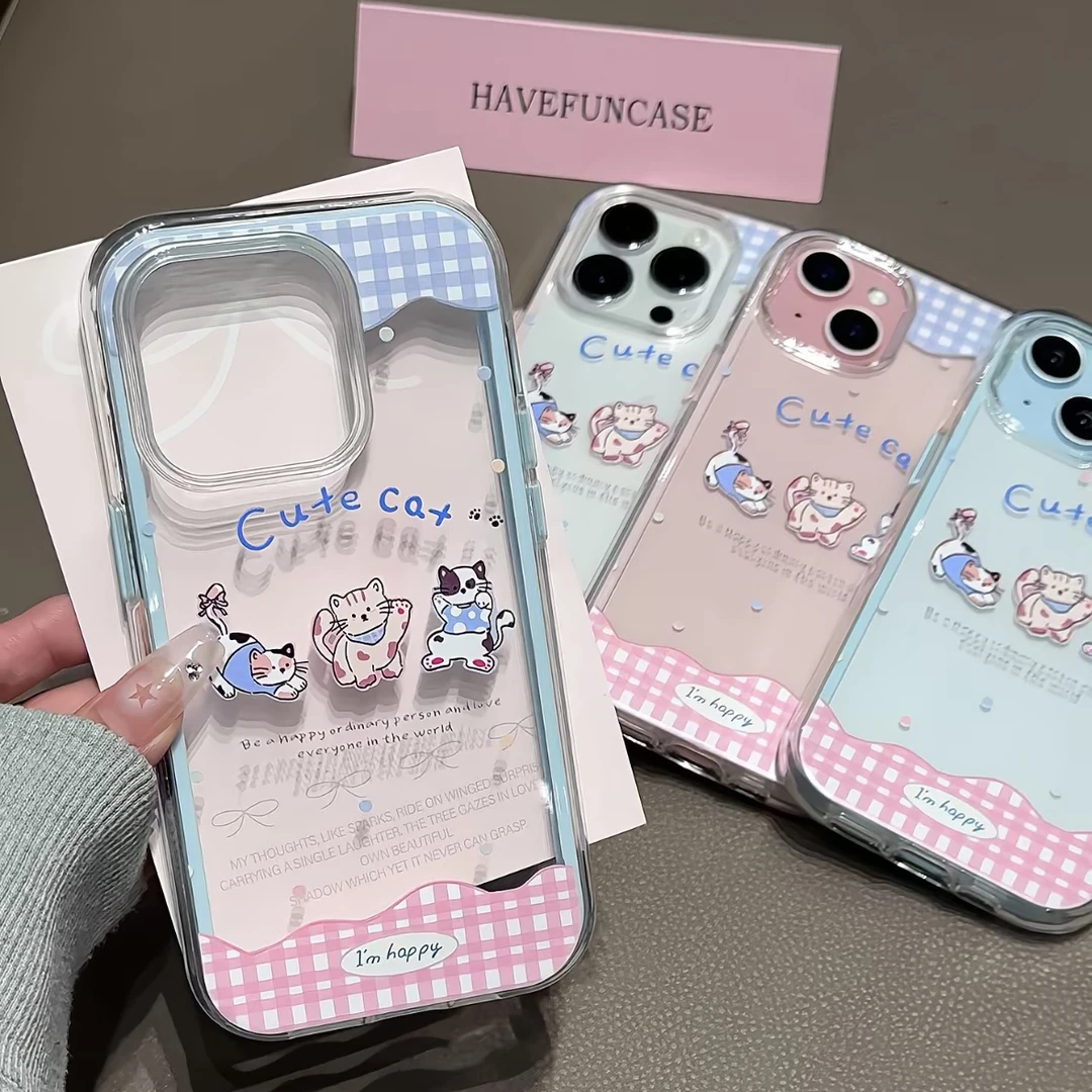 ins风韩系格纹猫咪适用苹果15/16手机壳iPhone13透明14promax/12