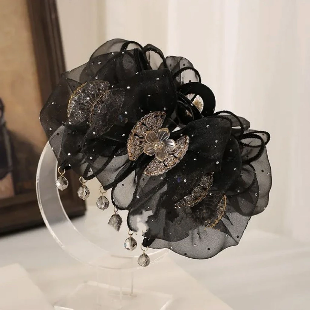 【芙蓉团扇】抓夹团扇纯手工褶皱薄纱发饰晶晶吊坠轻奢小众发饰