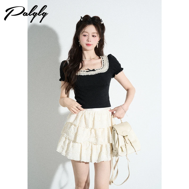 Palglg法式u系方领黑色短袖高级感拼接蕾丝显瘦短上衣52PTB43884