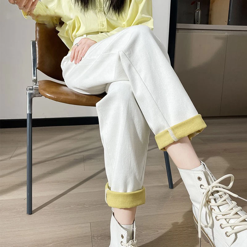 高腰显瘦撞色牛仔裤女春秋2025年新款爆款显高老爹裤白色哈伦裤子