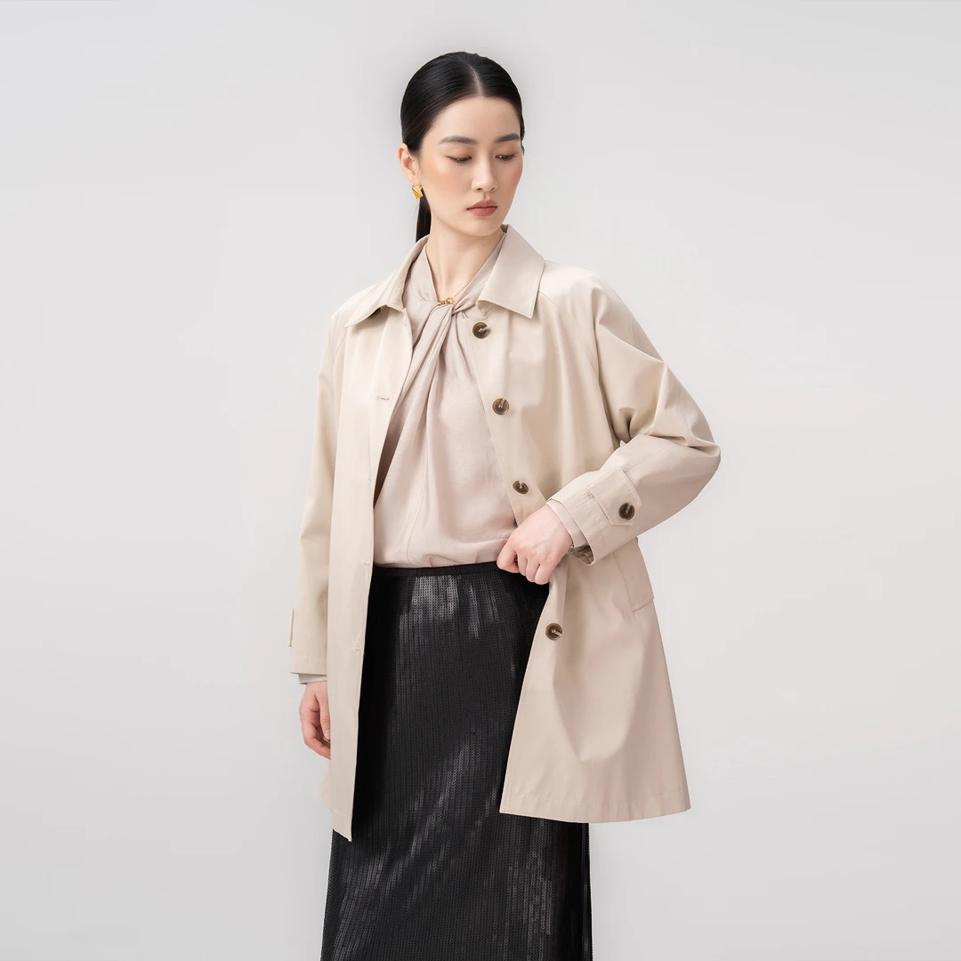 气质通勤米色收腰风衣秋季女翻领单排扣中长款外套长款风衣外套女
