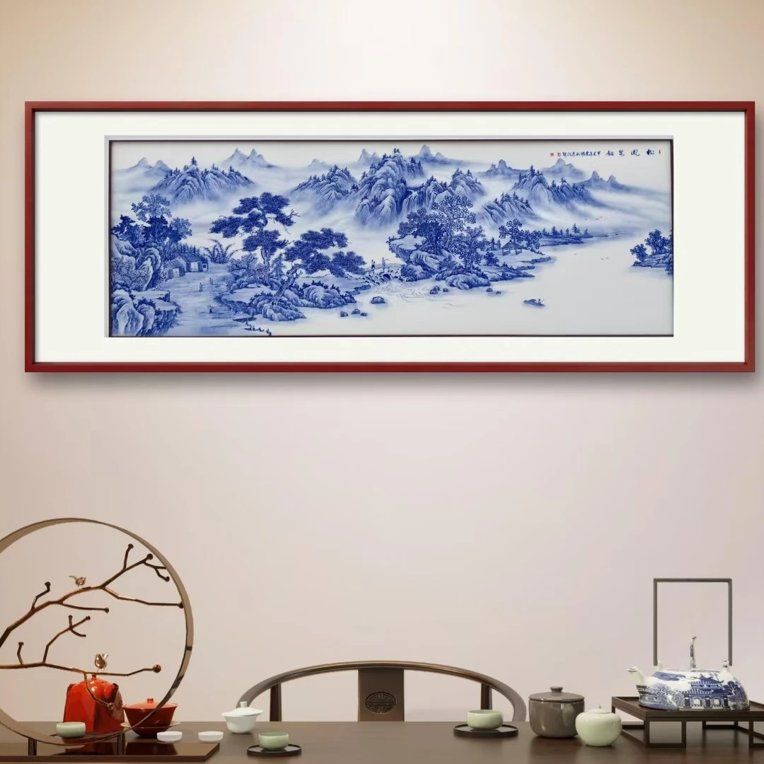 景德镇手绘青花长条横幅瓷板画家居装饰壁画定做加工厂家