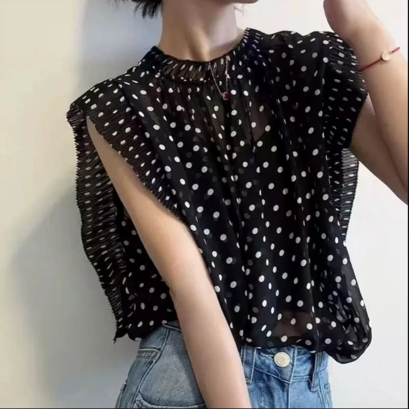 杰瑞【阳春白雪】夏季新款波点印花雪纺衫设计感飞飞袖遮肉显瘦衬衫