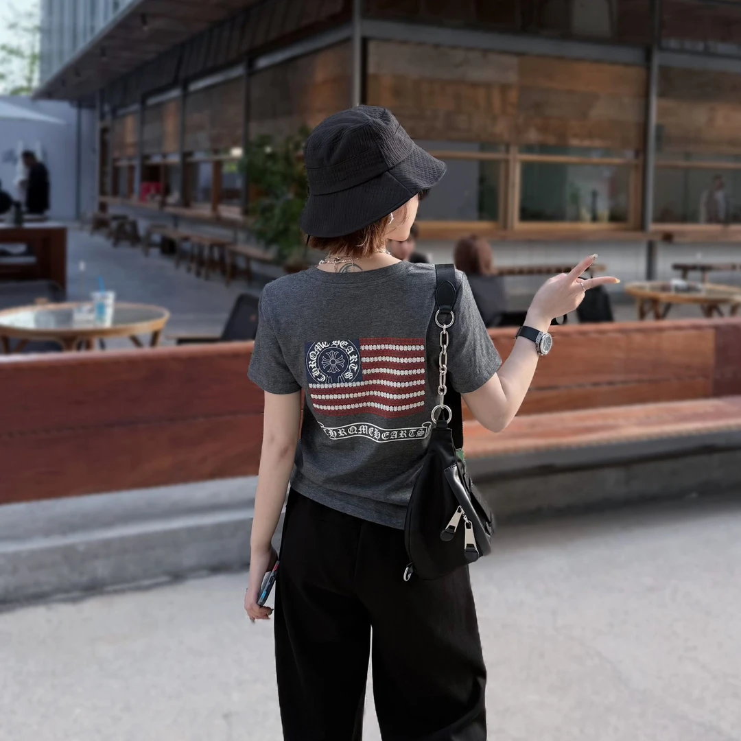 【V领十字架】梵文印花夏季修身时尚显瘦百搭休闲T恤C328