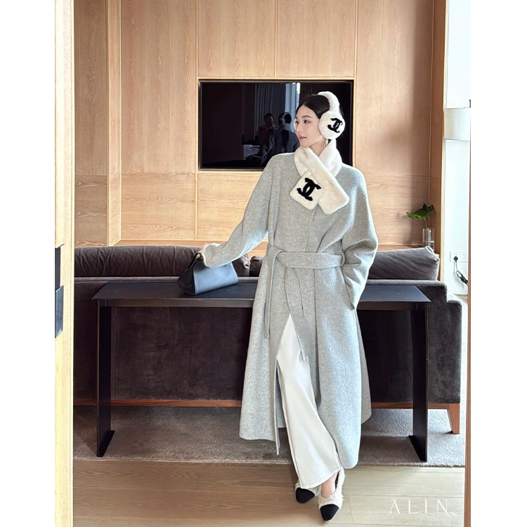 阿琳ALIN【青丘】冬季全羊毛双面呢大衣女可拆卸围脖长外套AL5PMD11