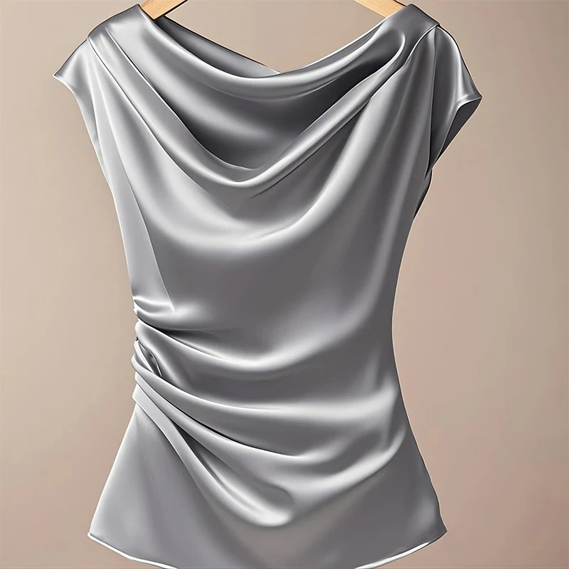 法式荡领醋酸上衣女2025夏季新款时尚百搭无袖衬衫高级感收腰小衫