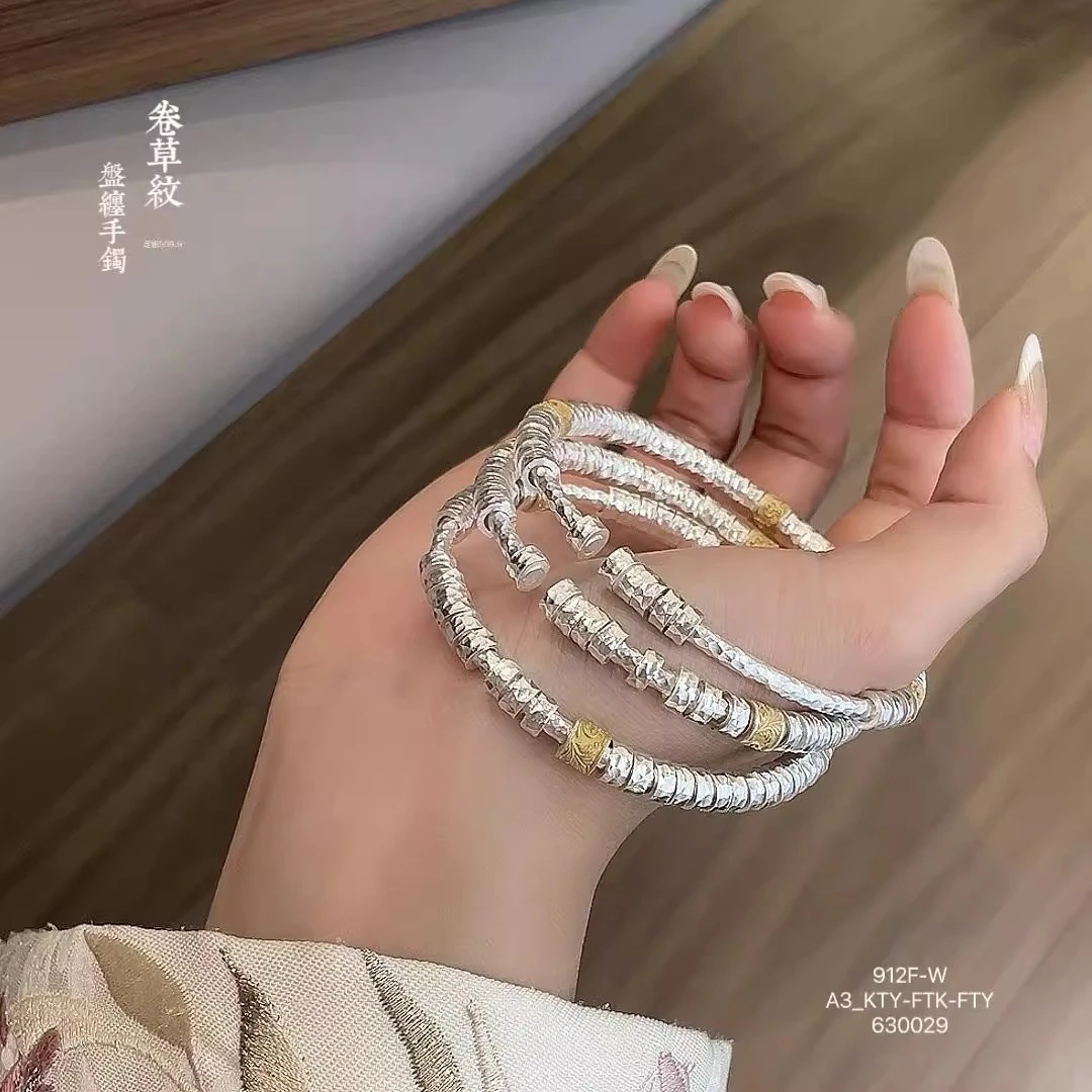 800银手镯 雅致格调黄金色银纹理腰缠万贯尽显品味国风新中式手镯
