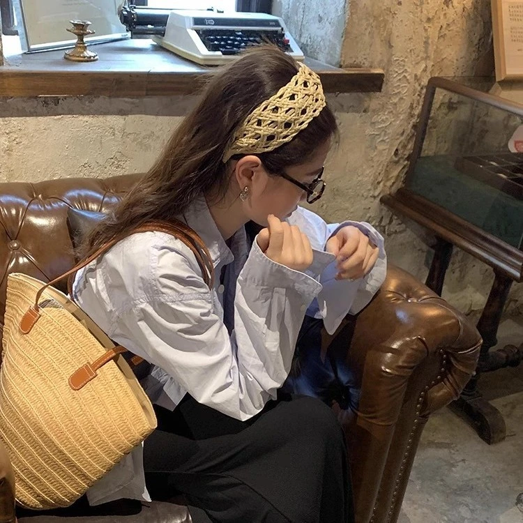 度假ins风~拉菲草镂空草编发箍夏季极简约发卡韩高级头箍发饰头饰